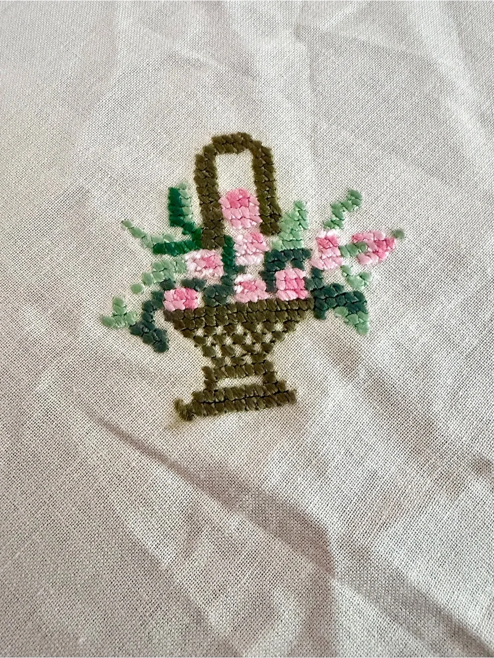 Vintage Hand Embroidered Floral Table Topper